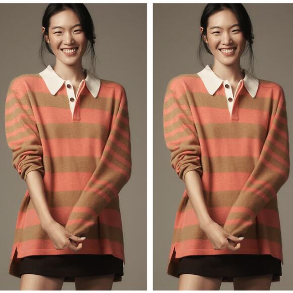 ANTHROPOLOGIE x MAEVE 100% Cashmere Oversized Polo Sweater Tan Pink Sz L {3P5} - Picture 1 of 6